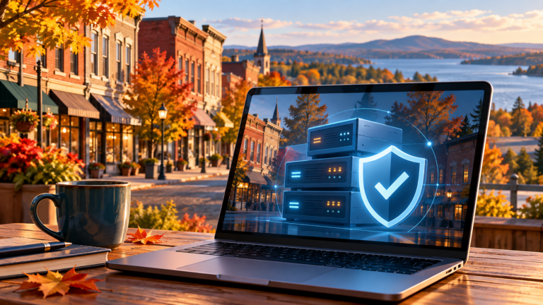 Laptop showing a server and protective shield beside an autumn North Country streetscape.