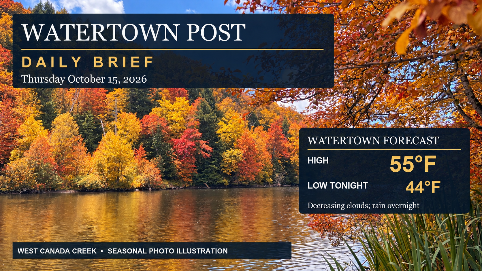 Watertown Post Daily Brief for Thursday October 15, 2026, with peak autumn foliage in a seasonal photo illustration based on Hans’s West Canada Creek photograph. High 55°F, low tonight 44°F; decreasing clouds and rain overnight.