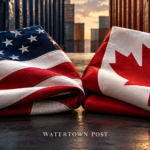 Editorial illustration of folded United States and Canadian flags beside shipping containers.