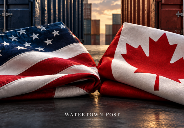 Editorial illustration of folded United States and Canadian flags beside shipping containers.