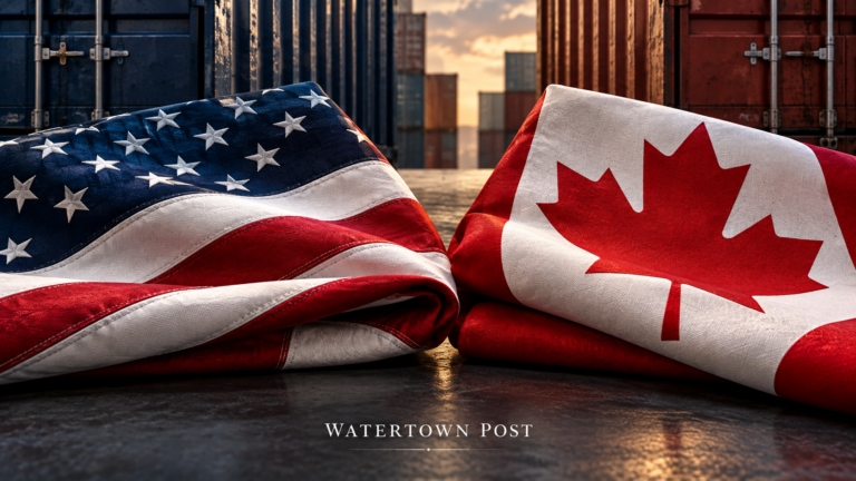 Editorial illustration of folded United States and Canadian flags beside shipping containers.
