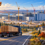 Editorial illustration of semiconductor plant construction, a lumber delivery truck and new housing in autumn.