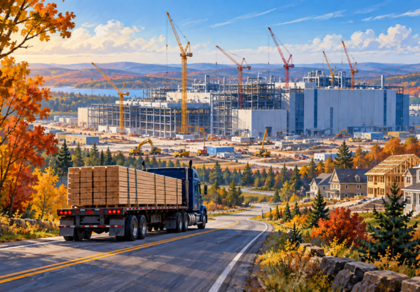 Editorial illustration of semiconductor plant construction, a lumber delivery truck and new housing in autumn.