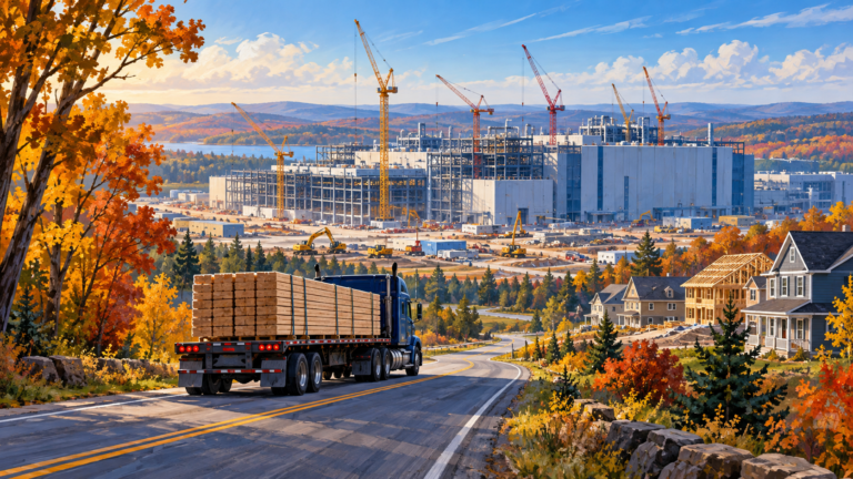 Editorial illustration of semiconductor plant construction, a lumber delivery truck and new housing in autumn.