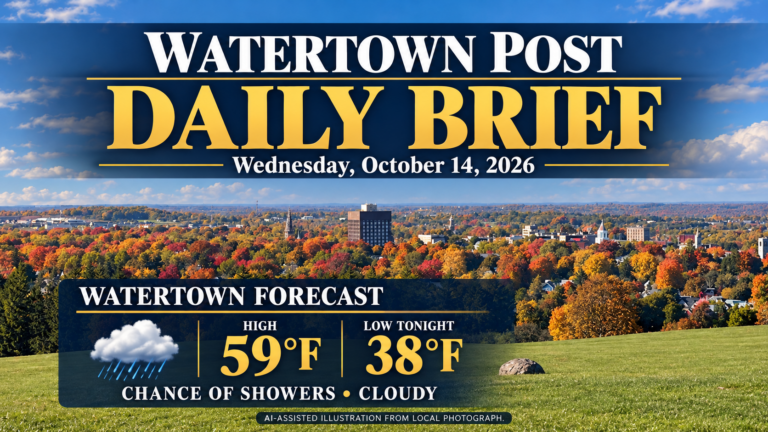 Watertown Post Daily Brief for Wednesday, October 14, 2026, using an AI-assisted illustration from a local Thompson Park autumn photograph. Watertown forecast: high 59°F, low tonight 38°F, chance of showers and cloudy.