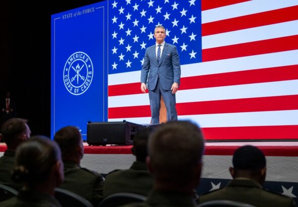 Secretary of War Pete Hegseth speaking at Marine Corps Base Quantico
