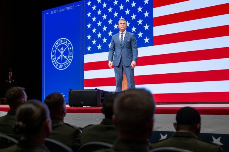 Secretary of War Pete Hegseth speaking at Marine Corps Base Quantico