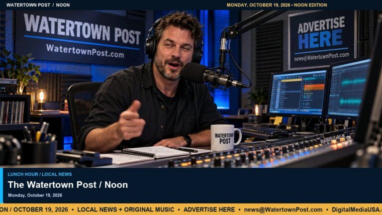 The Watertown Post Noon News studio host for Monday, October 19, 2026, with the Advertise Here poster and dated noon-edition branding.