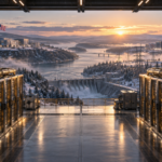 Photorealistic 3D scene of data centers, hydropower and American and Chinese flags representing the competition for superintelligence infrastructure.