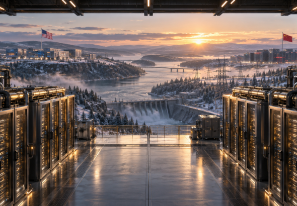 Photorealistic 3D scene of data centers, hydropower and American and Chinese flags representing the competition for superintelligence infrastructure.