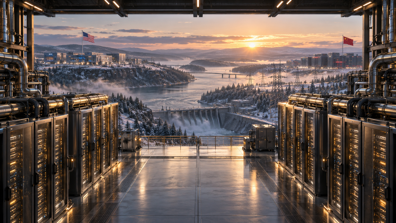 Photorealistic 3D scene of data centers, hydropower and American and Chinese flags representing the competition for superintelligence infrastructure.