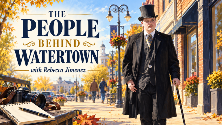 Illustrated cover for The People Behind Watertown with Rebecca Jimenez, featuring a man in a black top hat and long coat on an autumn downtown street.