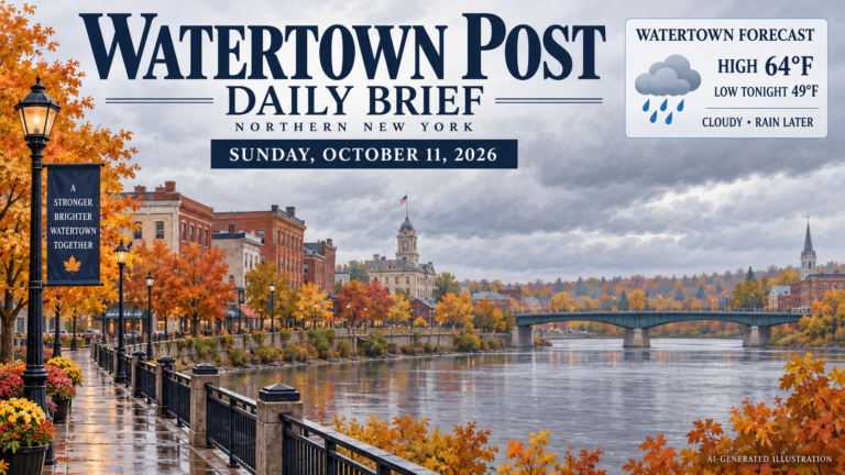 AI-generated illustration of cloudy autumn weather in Watertown for Sunday, October 11, 2026. Forecast high 64°F, low tonight 49°F, cloudy with rain later.