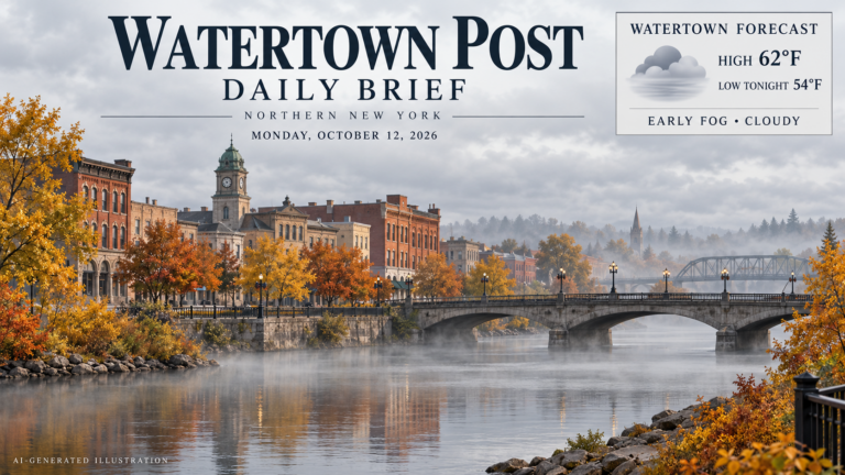 AI-generated illustration of cloudy autumn Watertown with early fog for Monday, October 12, 2026. Forecast high 62°F, low tonight 54°F.