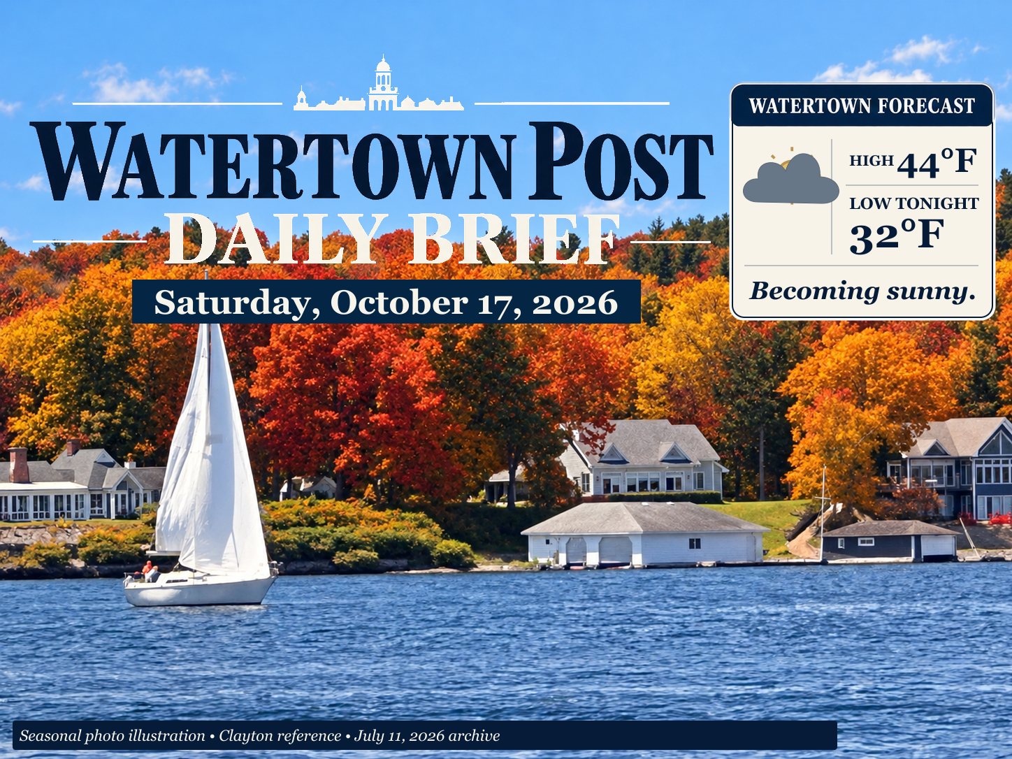 Watertown Post Daily Brief for Saturday, October 17, 2026. Autumn photo illustration based on a historical Clayton shoreline photograph, with skies becoming sunny; Watertown forecast high 44°F and low tonight 32°F.