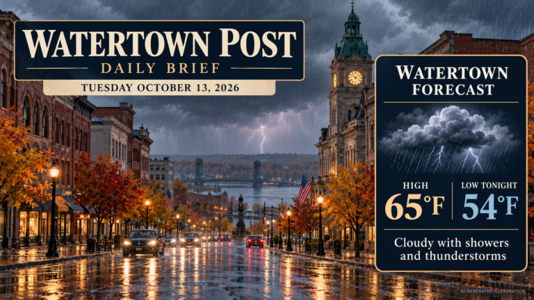 AI-generated illustration of rainy autumn Watertown for Tuesday, October 13, 2026. Forecast high 65°F, low tonight 54°F; showers and thunderstorms.
