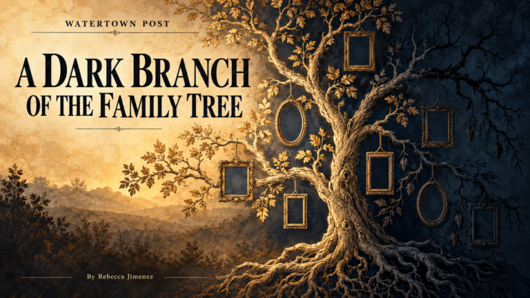 Symbolic family tree with empty picture frames, divided between warm light and darkness, titled A Dark Branch of the Family Tree, By Rebecca Jimenez.
