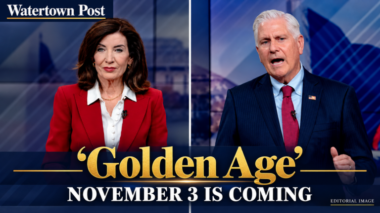 Editorial image of Kathy Hochul in a red jacket beside Bruce Blakeman, with Watertown Post branding, Golden Age, and November 3 Is Coming text.