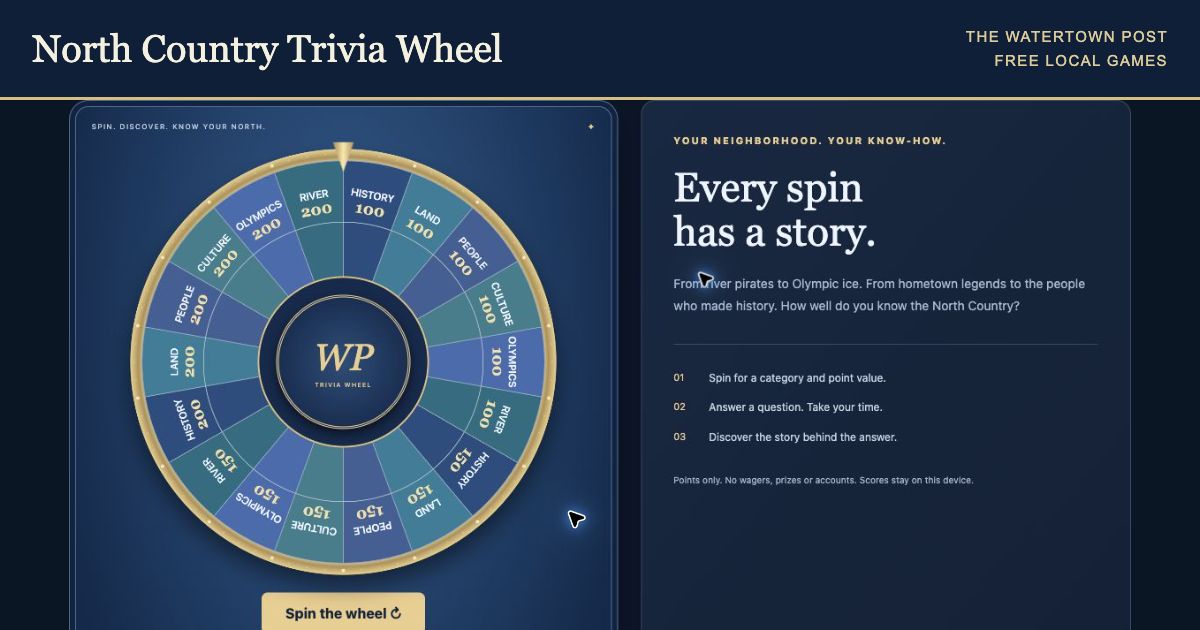 The actual North Country Trivia Wheel game, with its blue and gold category wheel.